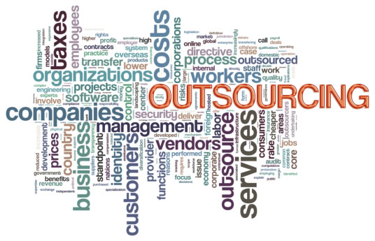 Muchas palabras entretegidas. Outsourcing, companies, costs, services, management, vendors, etc.
